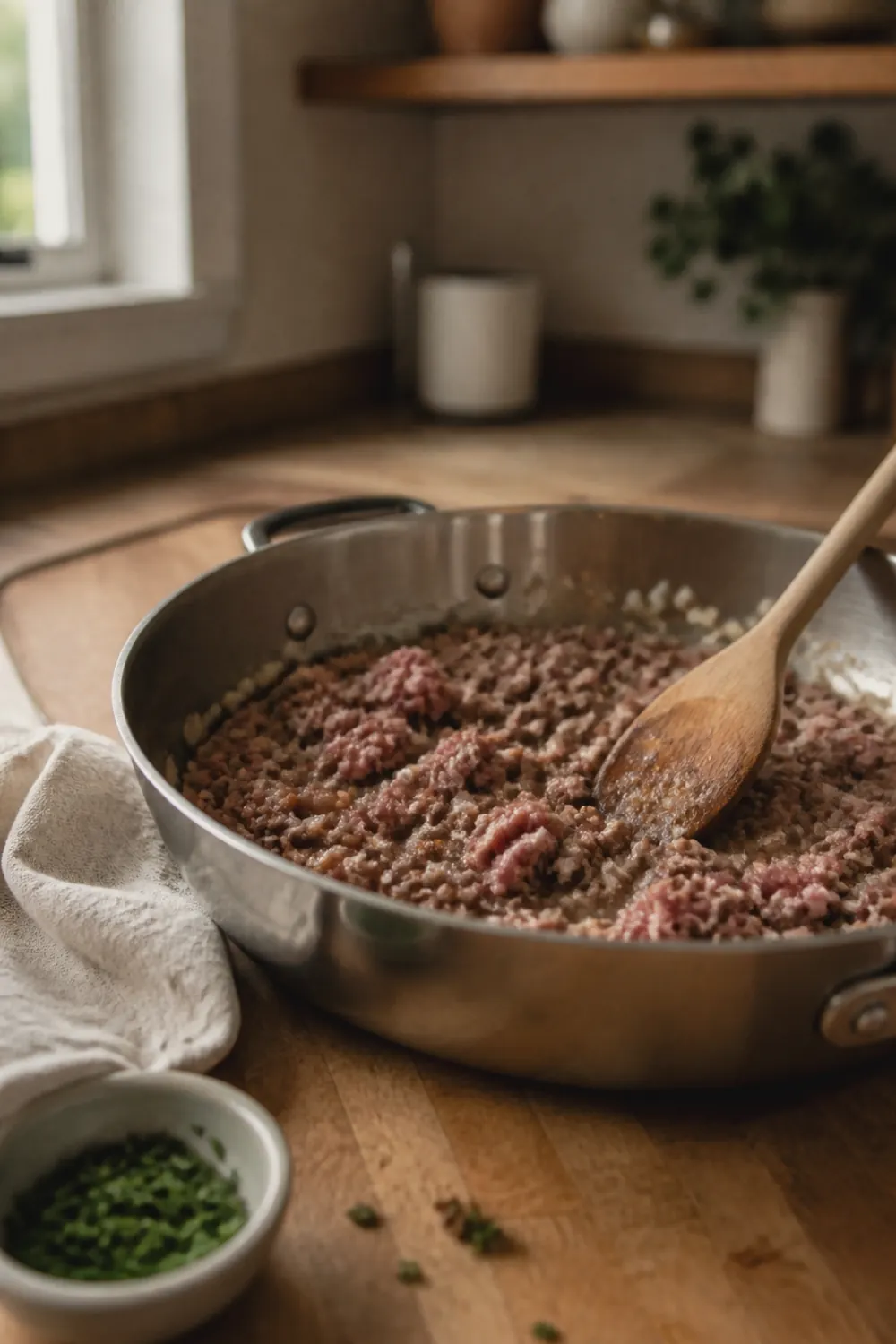 Browning seasoned ground beef and diced onion in a large skillet