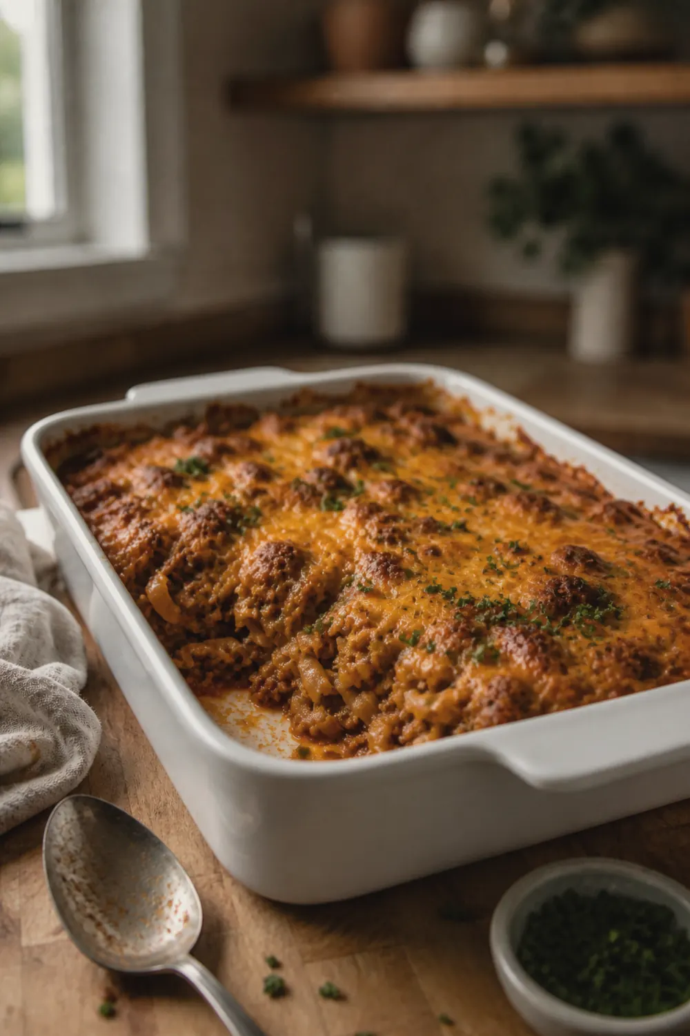Baked ground beef casserole in a 9x13 dish with golden melted cheese on top