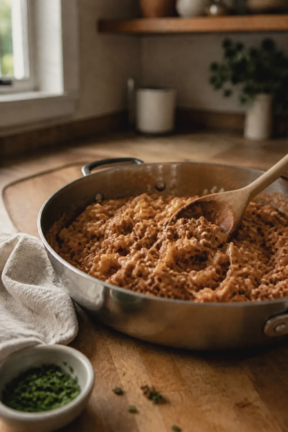 Egg noodles and cheese folded into the creamy beef and tomato sauce in a skillet