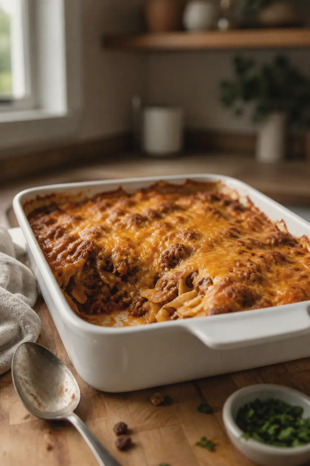A scoop lifted from a 9x13 ground beef casserole showing egg noodles coated in creamy tomato sauce with melted cheddar on a warm wood countertop