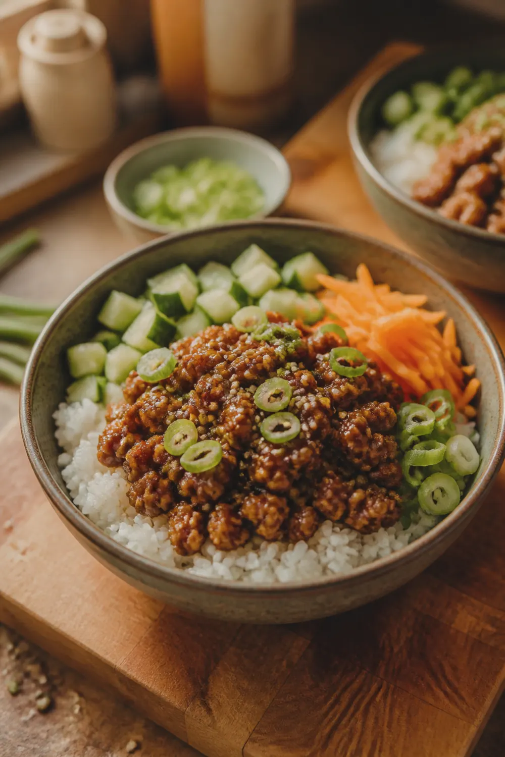 Assembled ground chicken bowl with seasoned crumbled chicken over white rice topped with diced cucumber, shredded carrots, sliced green onions, and sesame seeds in a deep ceramic bowl