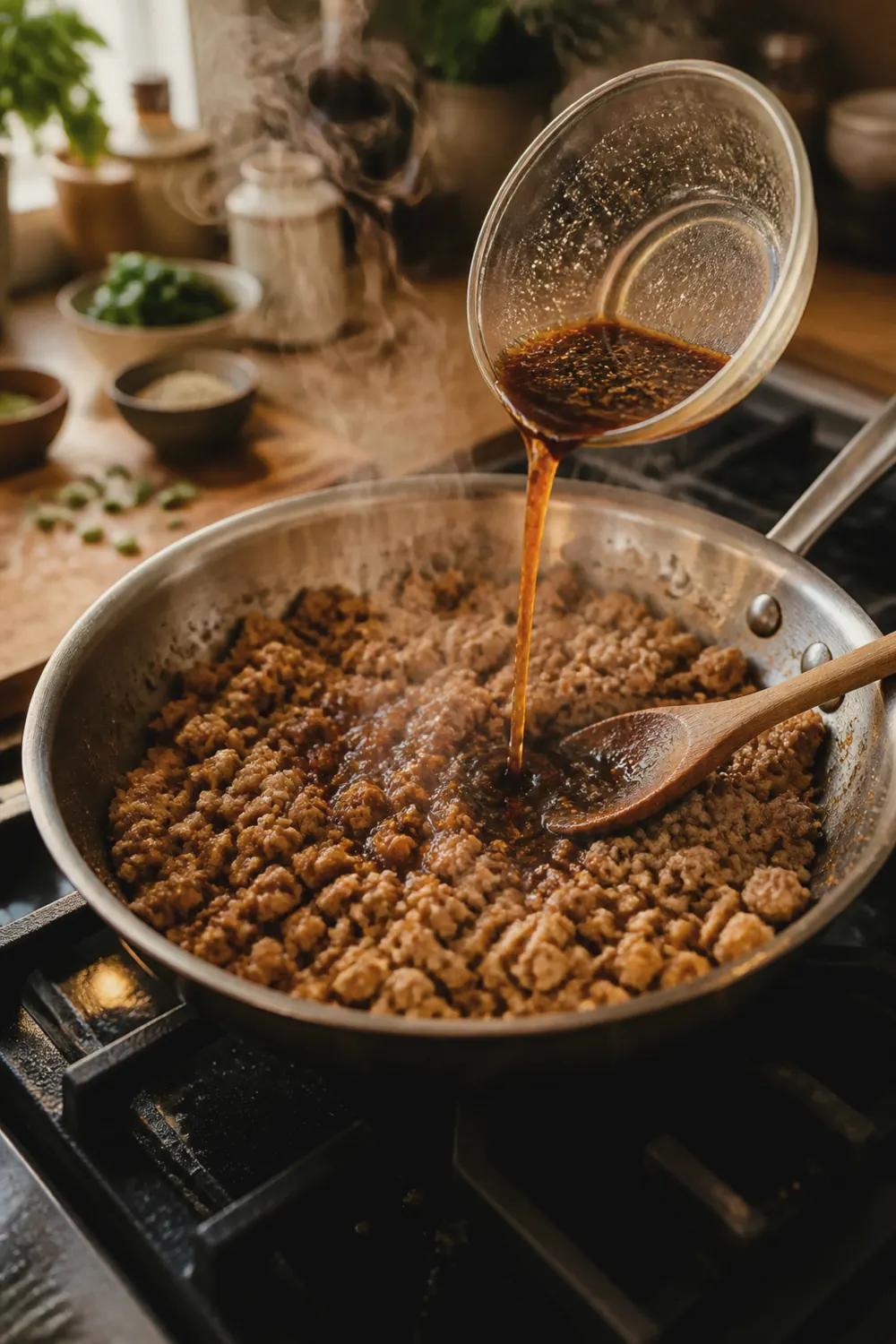 Ground chicken cooking in a large stainless steel skillet, broken into golden-brown crumbles with soy-ginger sauce being poured over, steam rising