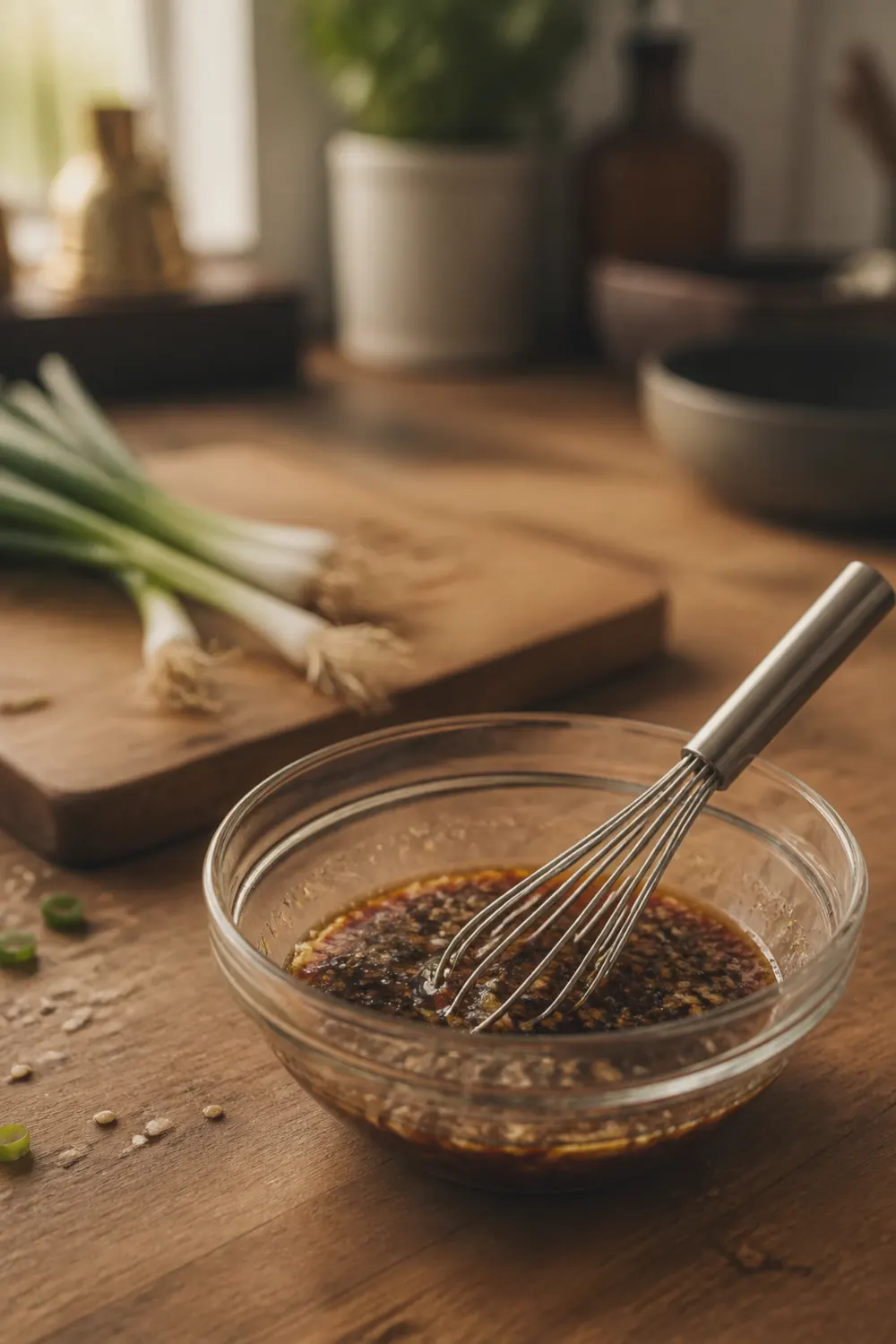 Soy-honey-ginger sauce being whisked together in a small glass bowl with visible ginger shreds and garlic on a wooden countertop