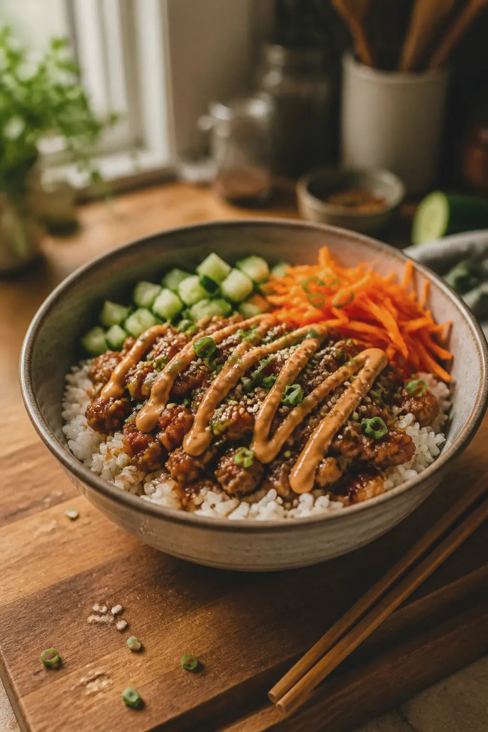 A ground chicken bowl with seasoned crumbled chicken over white rice, topped with diced cucumber, shredded carrots, sliced green onions, and a drizzle of sriracha mayo, served in a deep ceramic bowl on a wooden cutting board.