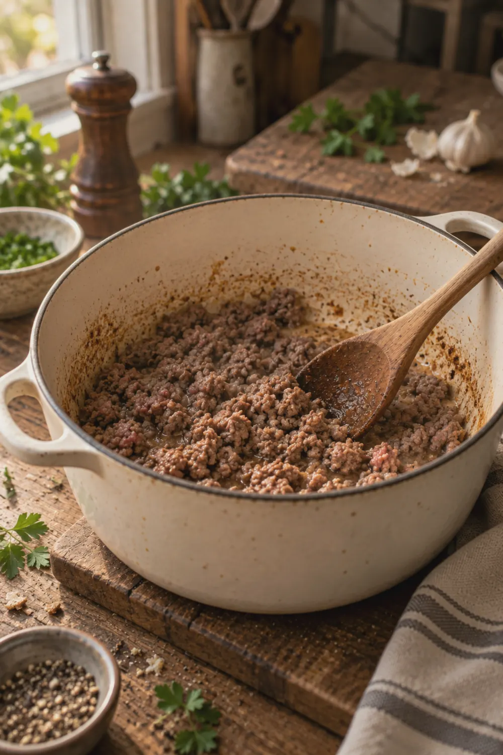 Ground beef browning in a Dutch oven with small crumbles forming and golden fond developing on the bottom of the pot