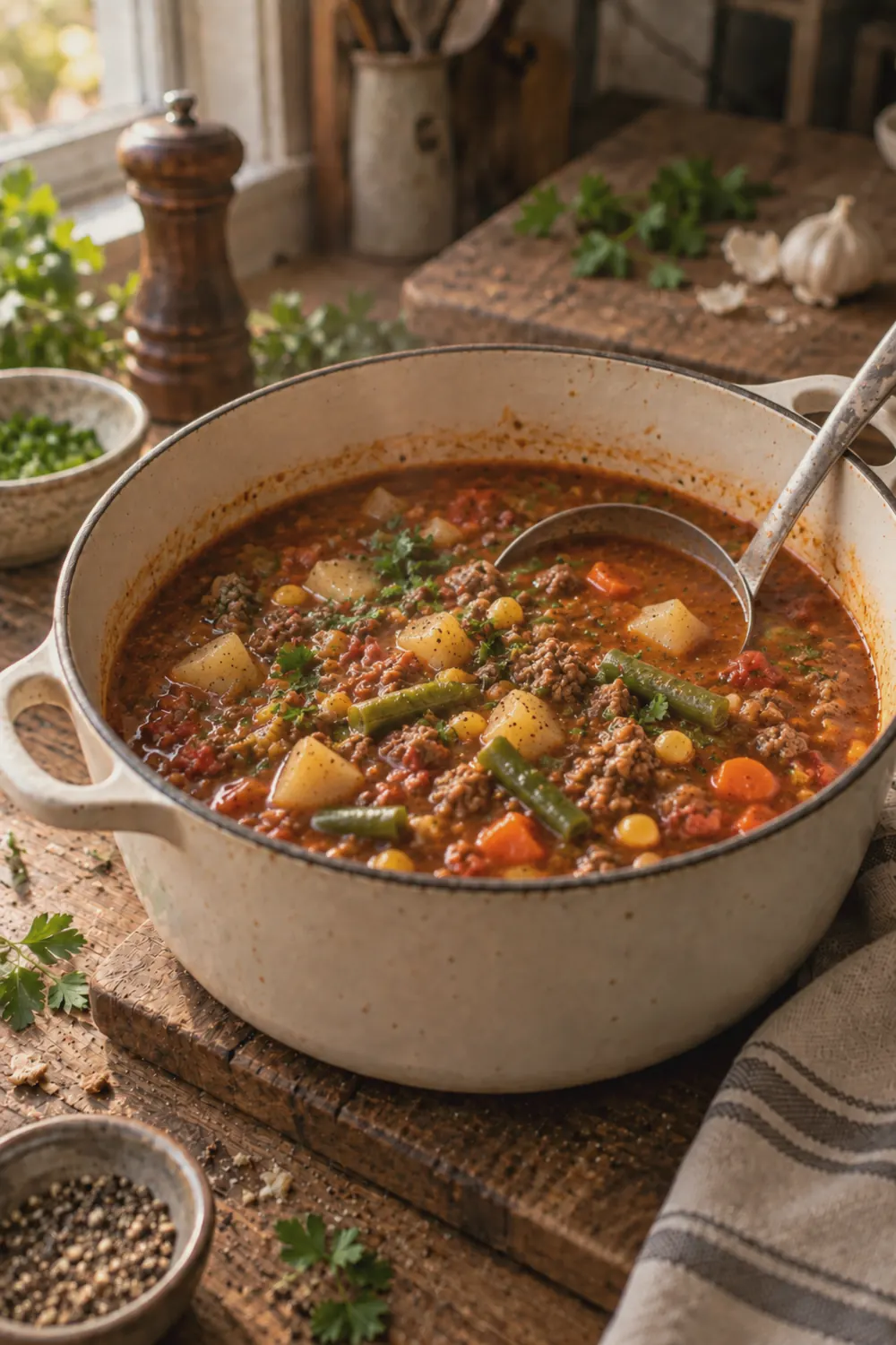 Finished hamburger soup in a Dutch oven showing a thick broth with chunks of potato, carrots, green beans, corn, and ground beef with parsley scattered on top