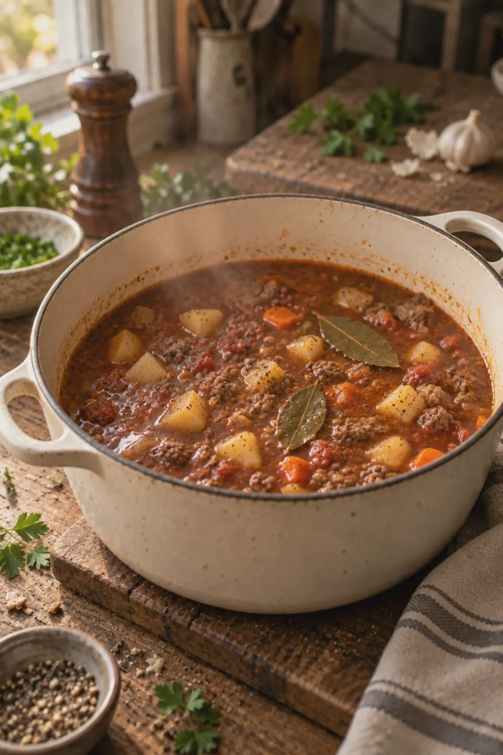 A Dutch oven of simmering hamburger soup with cubed potatoes, carrots, and ground beef visible in a rich tomato broth with bay leaves floating on top