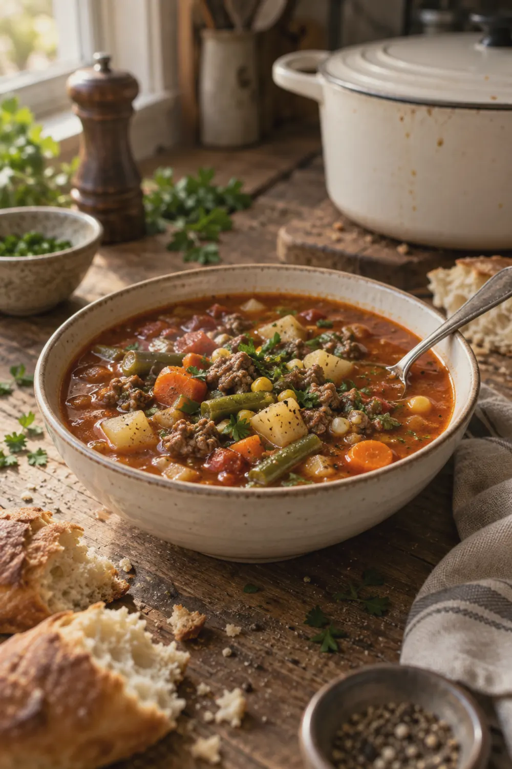 A large bowl of hamburger soup filled with ground beef, diced potatoes, carrots, green beans, and corn in a rich tomato broth on a wooden table with crusty bread and a spoon alongside.