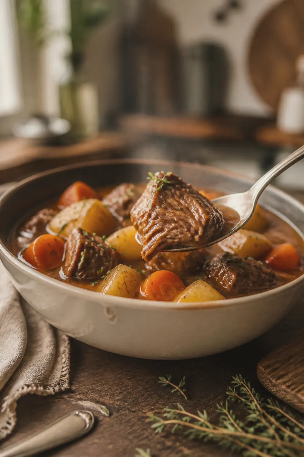 Finished instant pot beef stew in a bowl with tender beef chunks, potatoes, and carrots in thick savory broth