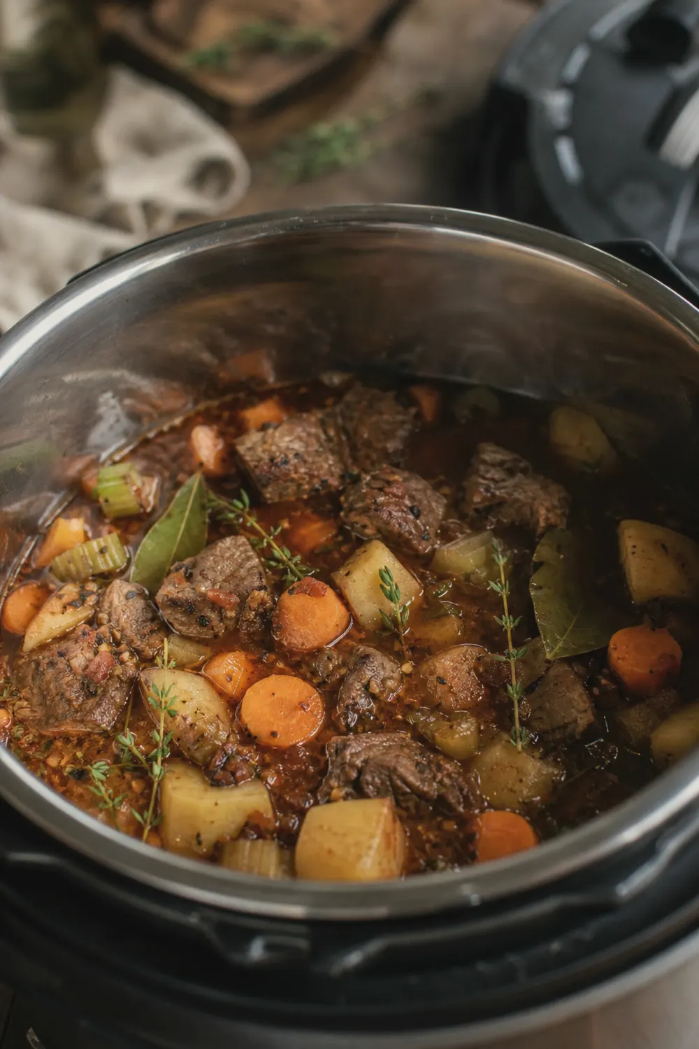 Instant Pot loaded with browned beef, potatoes, carrots, celery, and herbs in broth before pressure cooking