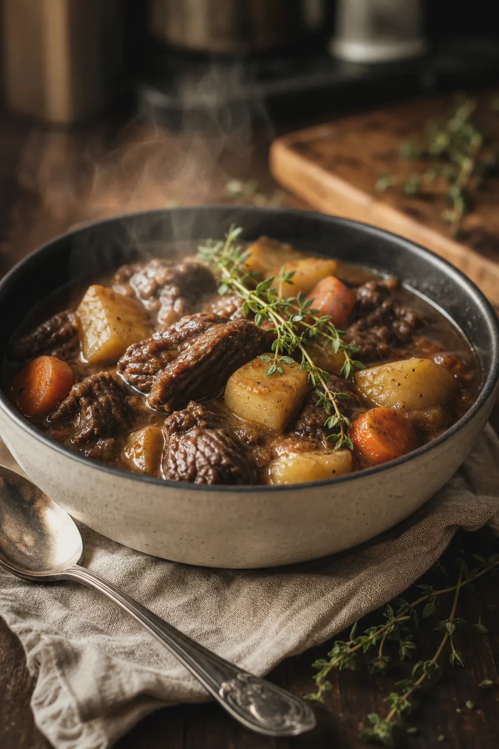 A bowl of hearty instant pot beef stew with tender chunks of beef, potatoes, and carrots in a thick savory broth, garnished with fresh thyme on a wooden table.
