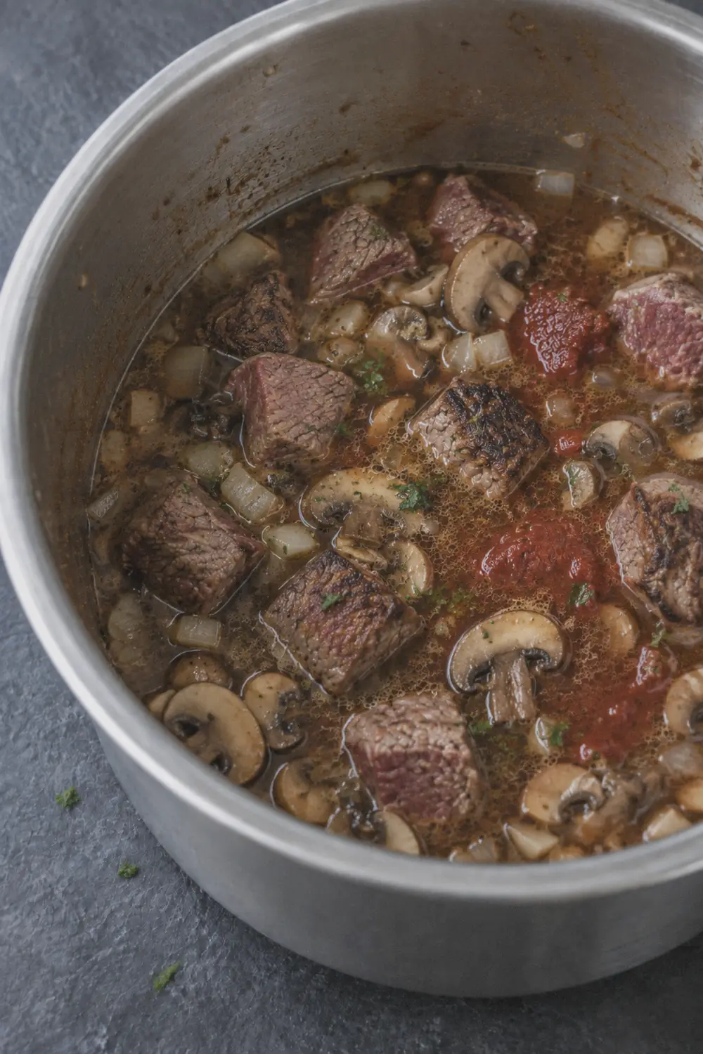 Building the sauce with onion, mushrooms, and broth