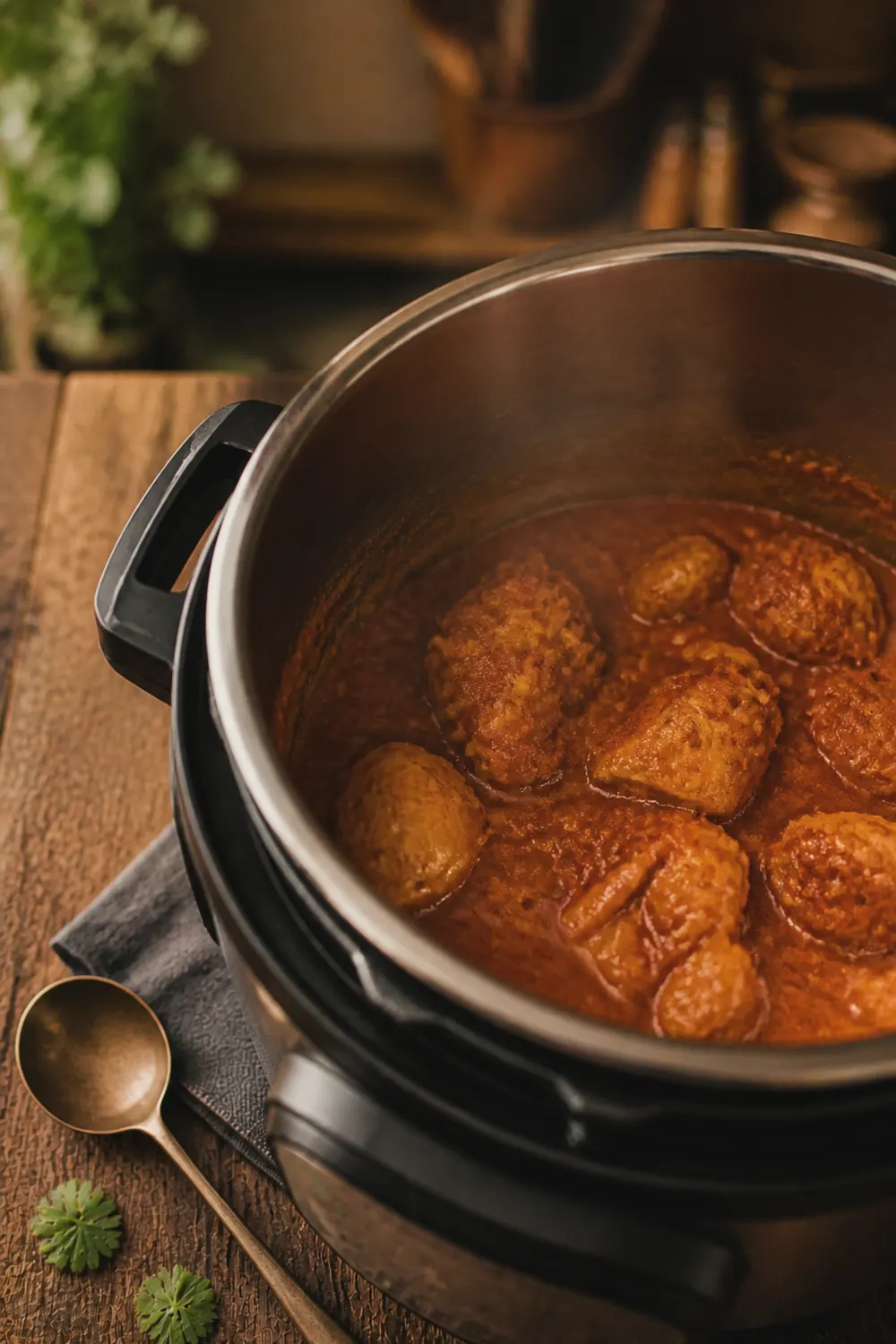 Chicken thigh pieces nestled in a deep orange-red spiced tomato sauce inside the Instant Pot after pressure cooking, steam rising