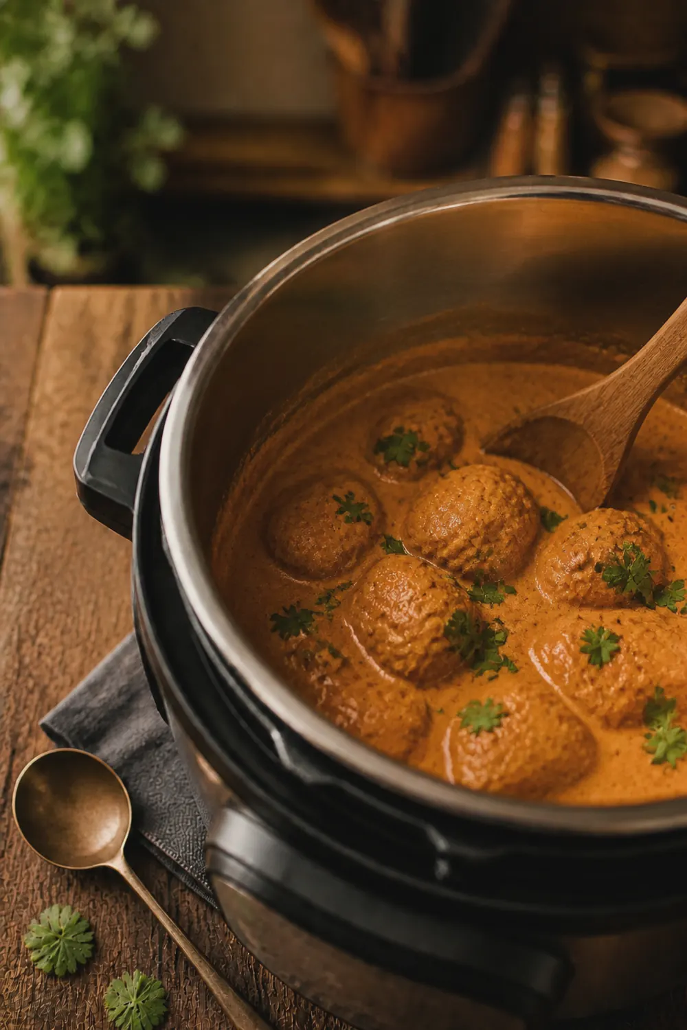 Creamy butter chicken sauce in the Instant Pot after stirring in heavy cream and butter, turned a rich creamy orange color with a wooden spoon resting on the rim