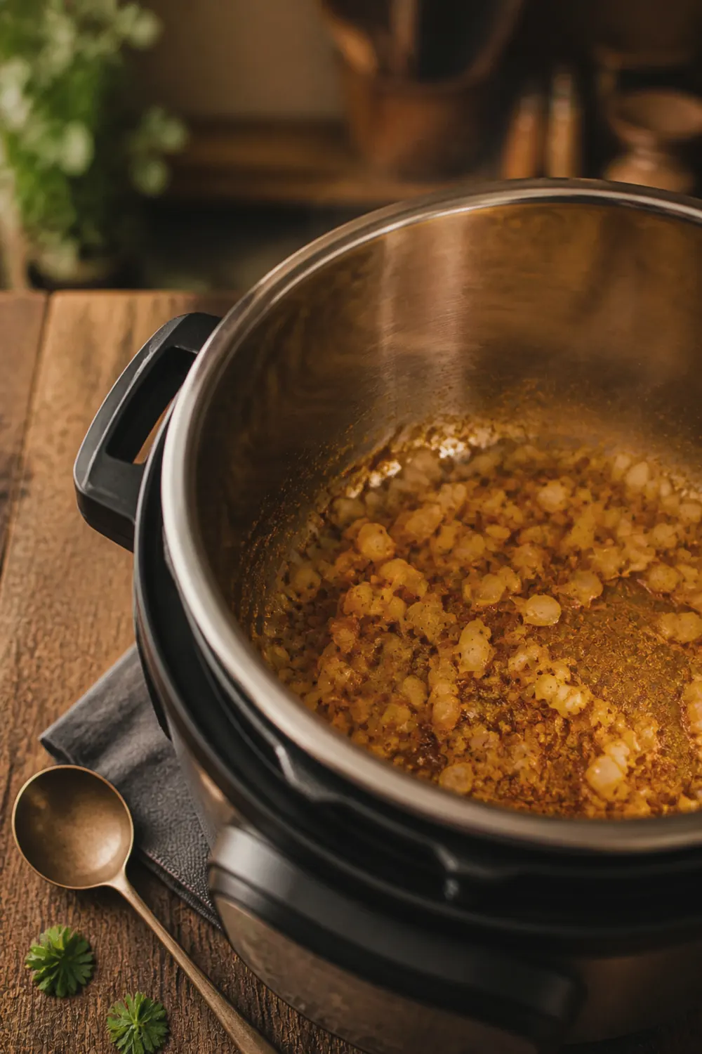 Diced onion and ground spices sautéing in melted butter inside the Instant Pot, rich golden-orange color developing in the pot