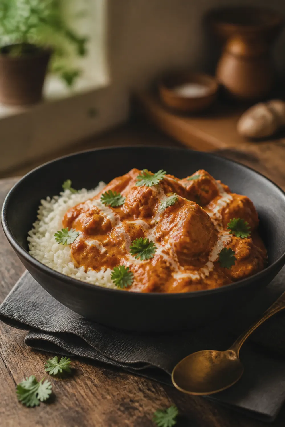 A bowl of creamy instant pot butter chicken over fluffy basmati rice, garnished with fresh cilantro and a swirl of cream, on a warm wooden table.