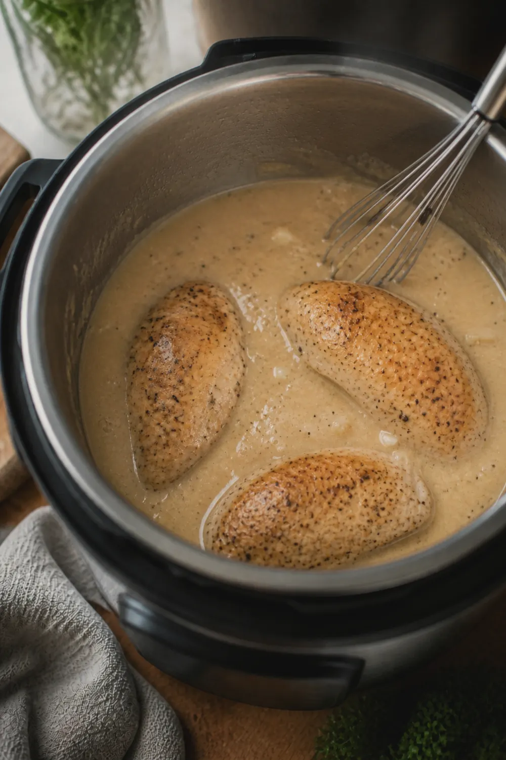 Creamy gravy base with chicken broth, cream of chicken soup, and onion soup mix whisked together in the Instant Pot before the lid goes on