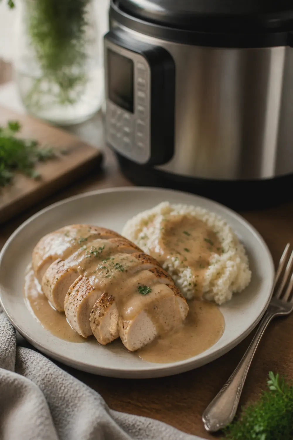 Sliced chicken breast on a plate with thick golden gravy spooned over the top, mashed potatoes visible alongside