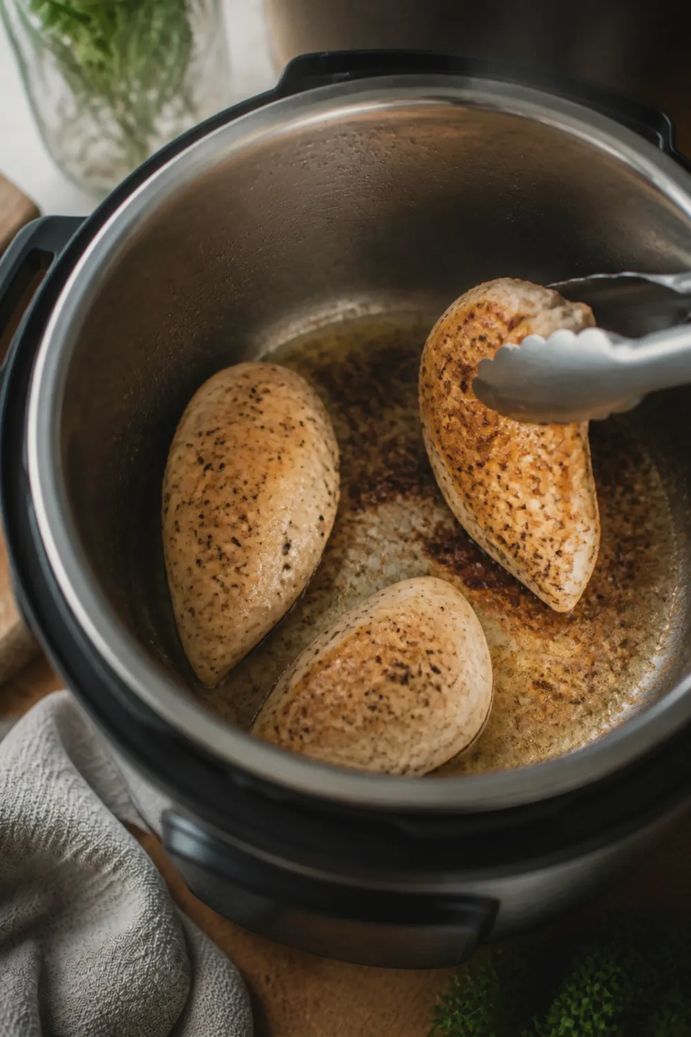 Chicken breasts searing golden brown in butter in the Instant Pot with visible fond forming on the bottom of the pot