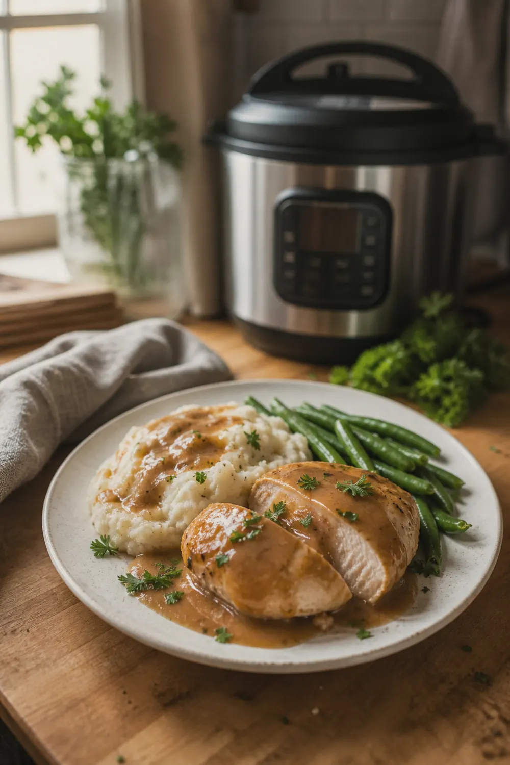 Sliced tender chicken breast topped with thick golden gravy on a white plate with mashed potatoes and green beans on a wooden table.