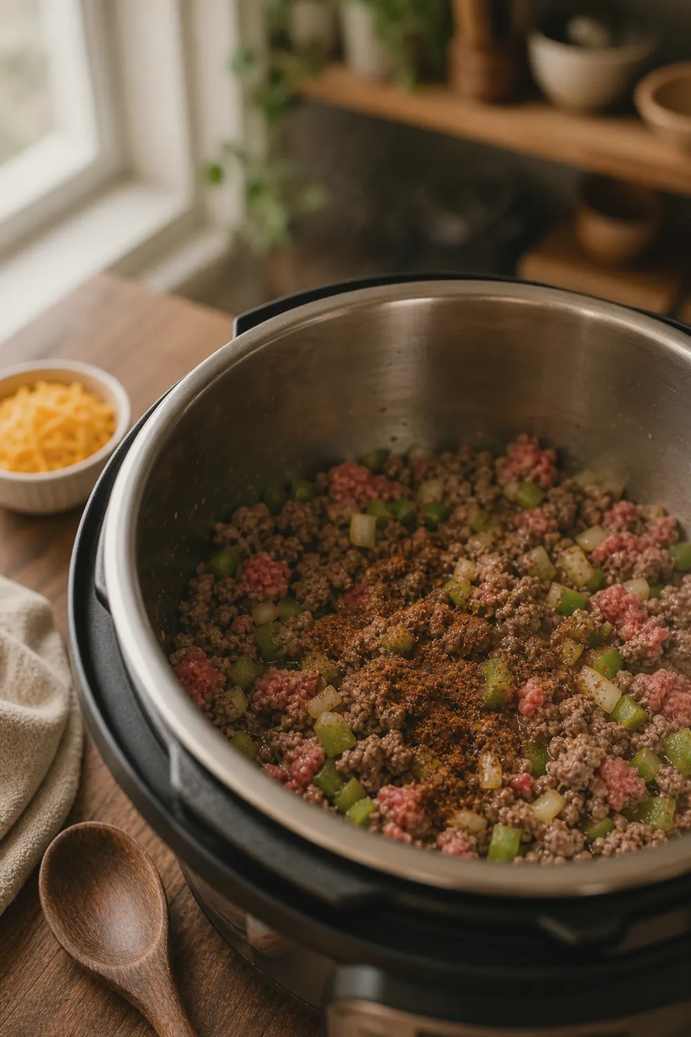 Ground beef browning in the Instant Pot with diced onions and bell pepper, spices being stirred in