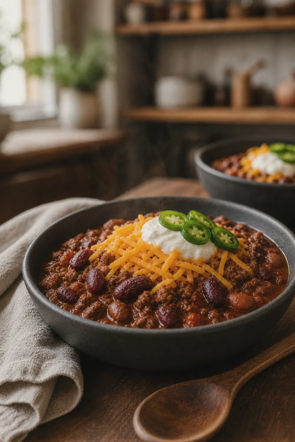 Finished instant pot chili in a bowl topped with shredded cheddar cheese and a dollop of sour cream