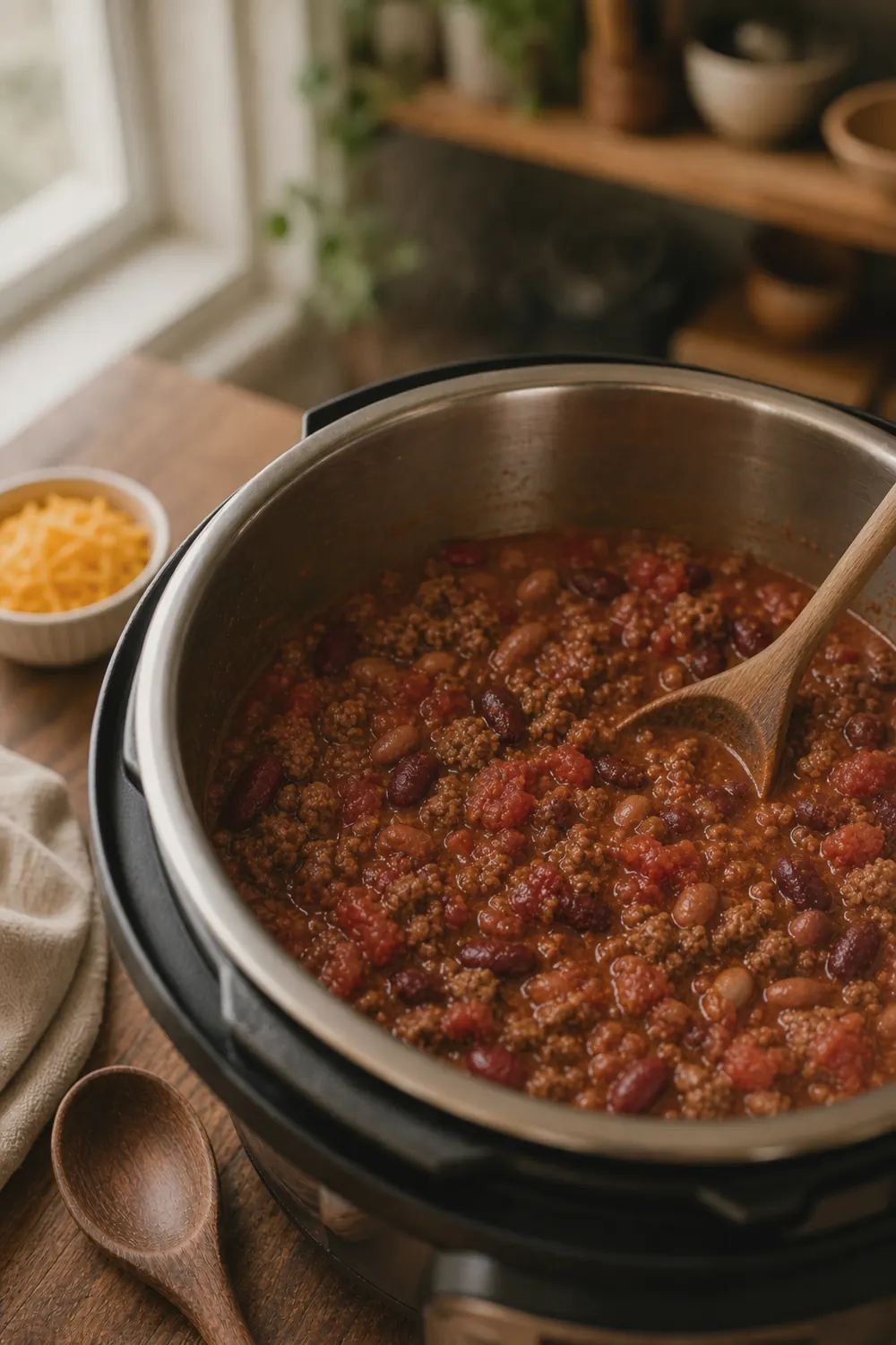 Instant Pot filled with ground beef, beans, tomatoes, and broth before pressure cooking, showing the rich red color of the chili base
