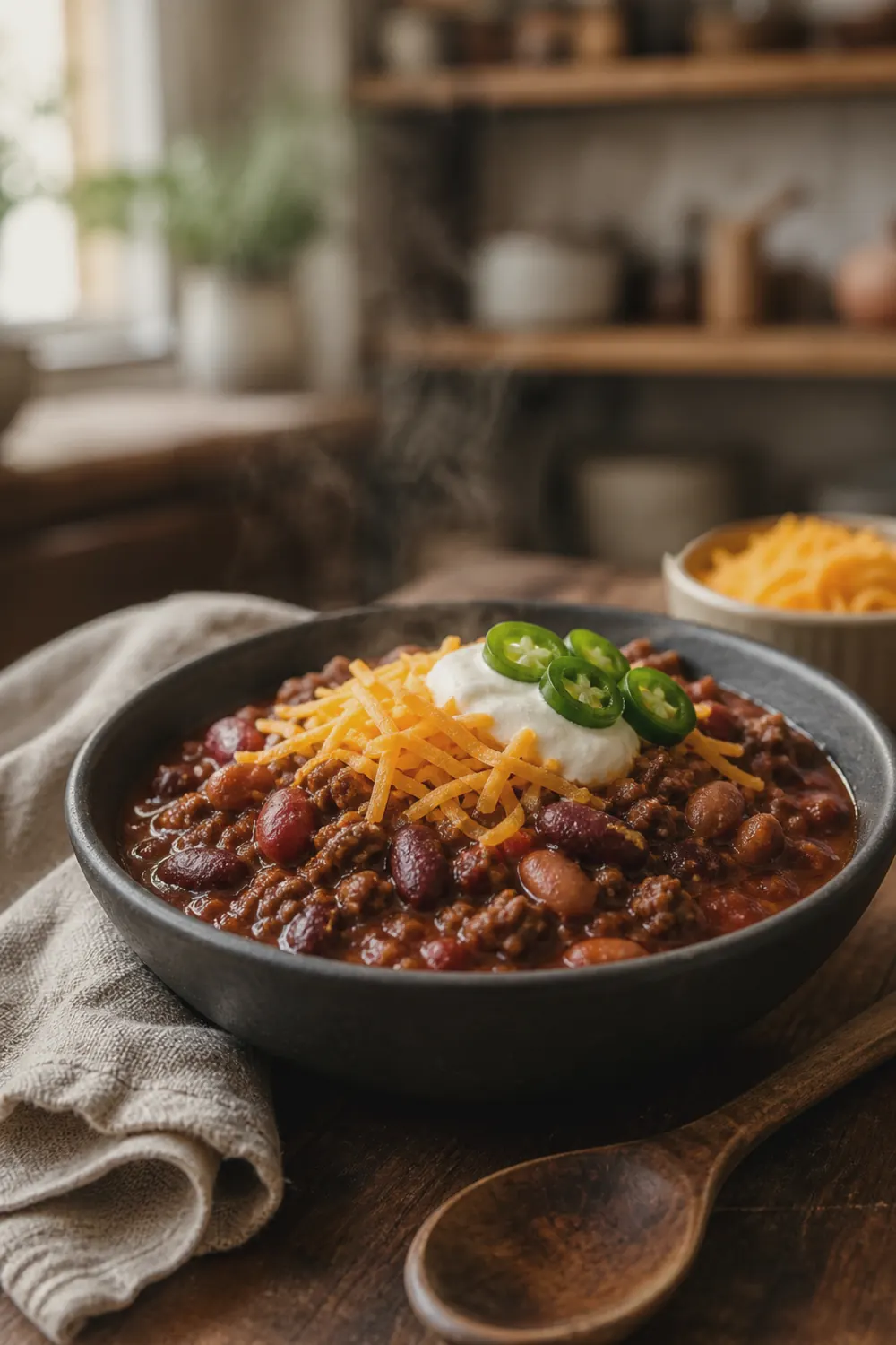 A bowl of thick instant pot chili topped with shredded cheddar cheese, a dollop of sour cream, and sliced jalapeños on a rustic wooden table.