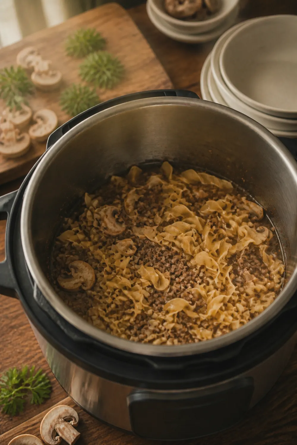Egg noodles pressed into seasoned beef broth and mushroom mixture in the Instant Pot before the lid goes on