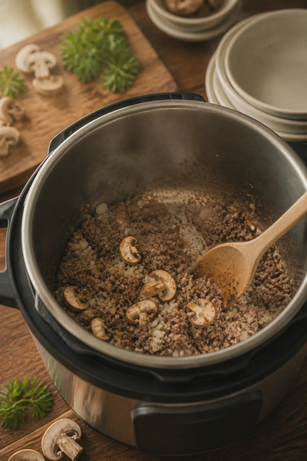 Ground beef crumbles browning in the Instant Pot with diced onion and sliced mushrooms, wooden spoon stirring