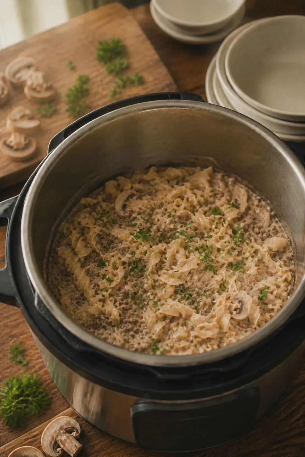 Creamy ground beef stroganoff with egg noodles and mushrooms in the Instant Pot after stirring in sour cream, garnished with fresh parsley
