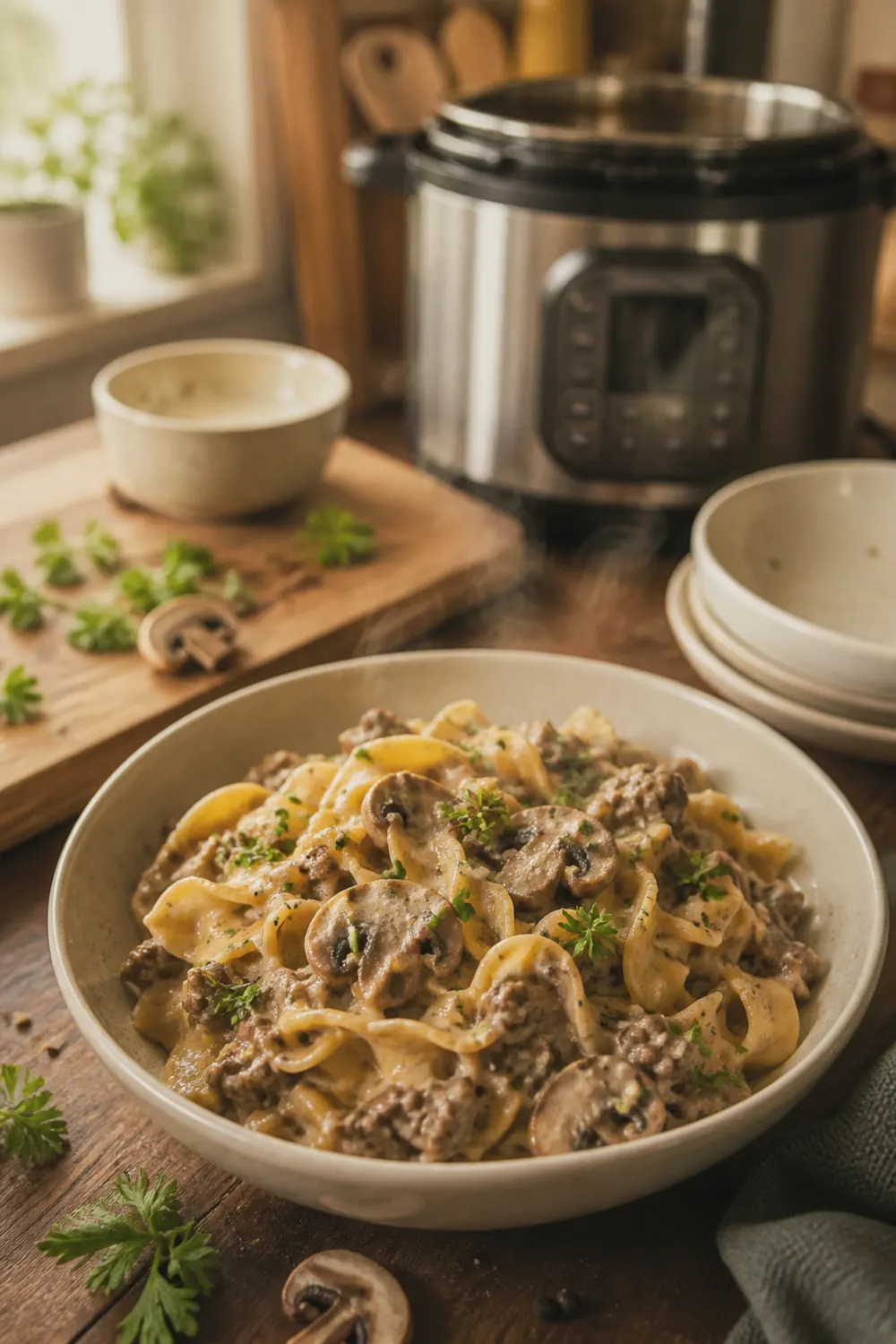 A bowl of creamy ground beef stroganoff over egg noodles with sliced mushrooms and a sprinkle of fresh parsley on a rustic wooden table.