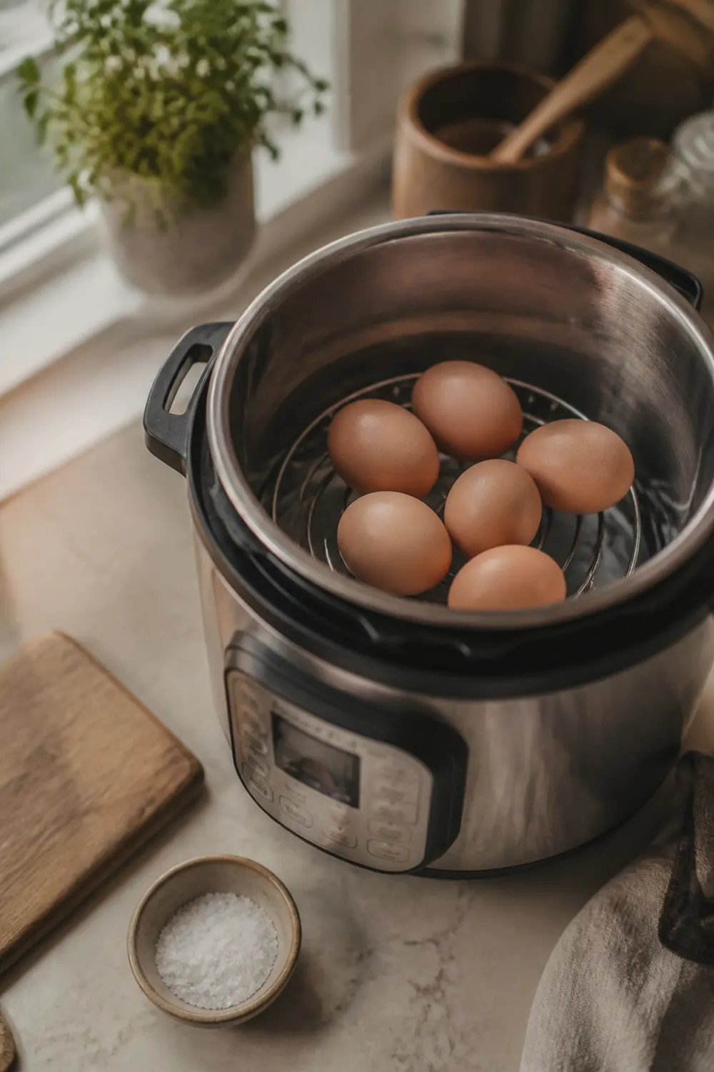 Eggs arranged in a single layer on the Instant Pot trivet inside the inner pot, with water visible below the rack