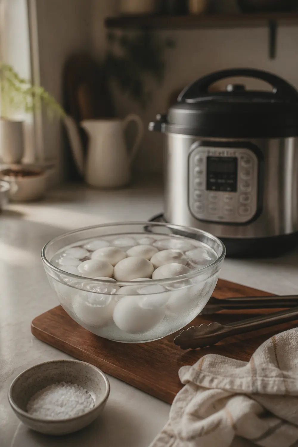 Eggs submerged in an ice bath in a clear glass bowl, ice cubes floating around them, condensation on the bowl