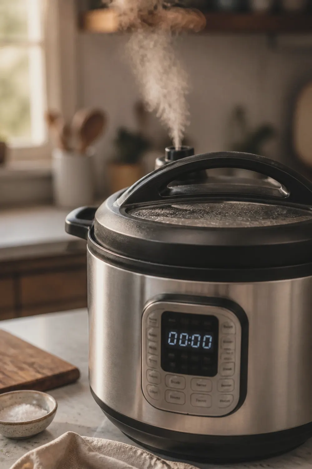 The Instant Pot display showing a completed pressure cook cycle, steam releasing from the valve