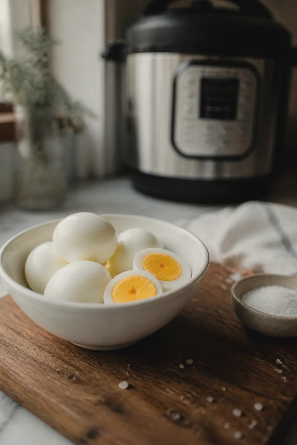 A white bowl filled with peeled hard boiled eggs on a rustic wooden cutting board, one egg cut in half showing a creamy yellow yolk with no green ring, a few flakes of sea salt scattered nearby.