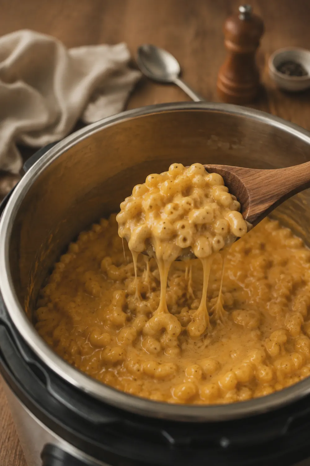 Creamy melted cheese sauce coating elbow macaroni in the Instant Pot, a wooden spoon lifting a scoop showing the thick stretchy texture