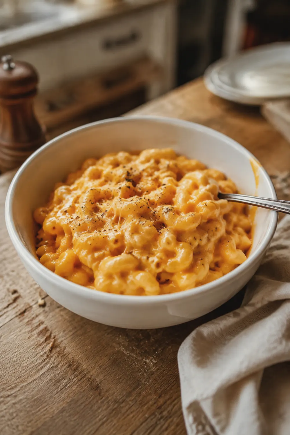 A large serving of creamy instant pot mac and cheese in a deep white bowl on a wooden table, topped with a sprinkle of black pepper, with a silver spoon resting on the side.