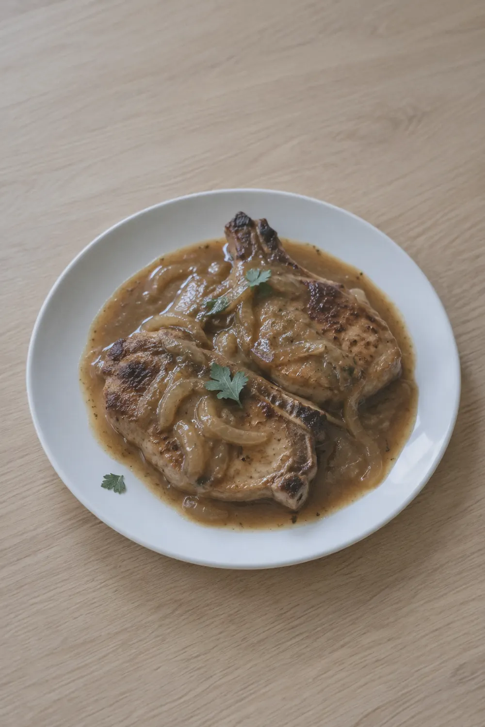 Bone-in pork chops with a golden-brown sear and thick savory gravy spooned over the top served on a white plate on a pale oak surface