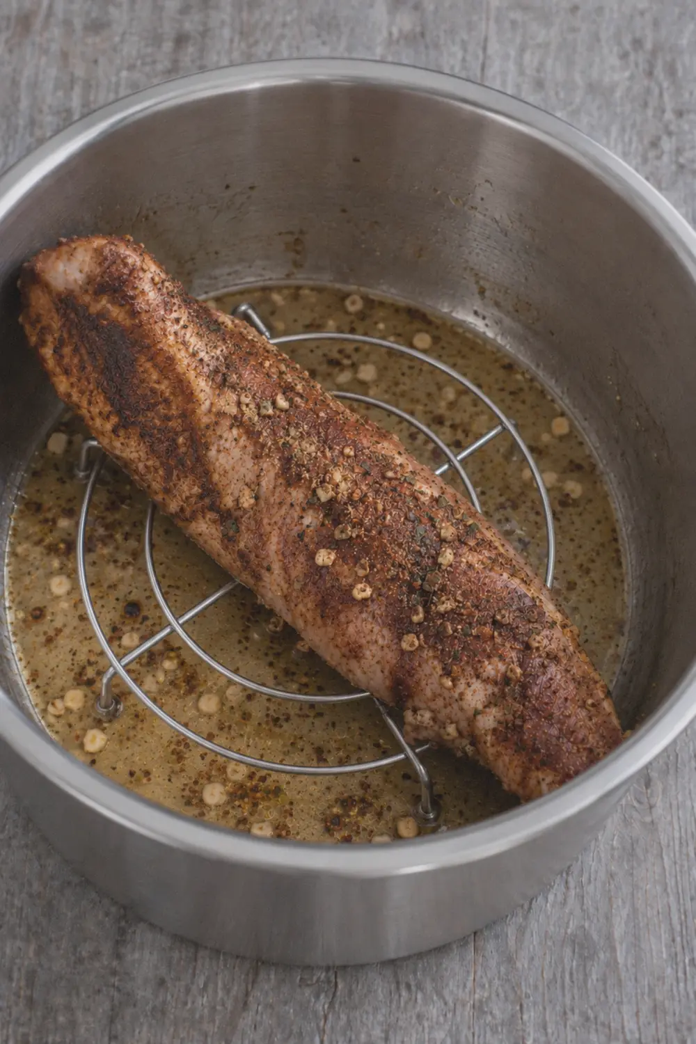 Pork tenderloin resting on a trivet inside the Instant Pot above the broth and mustard mixture before the lid goes on, viewed from above showing the browned crust and the light-colored liquid below