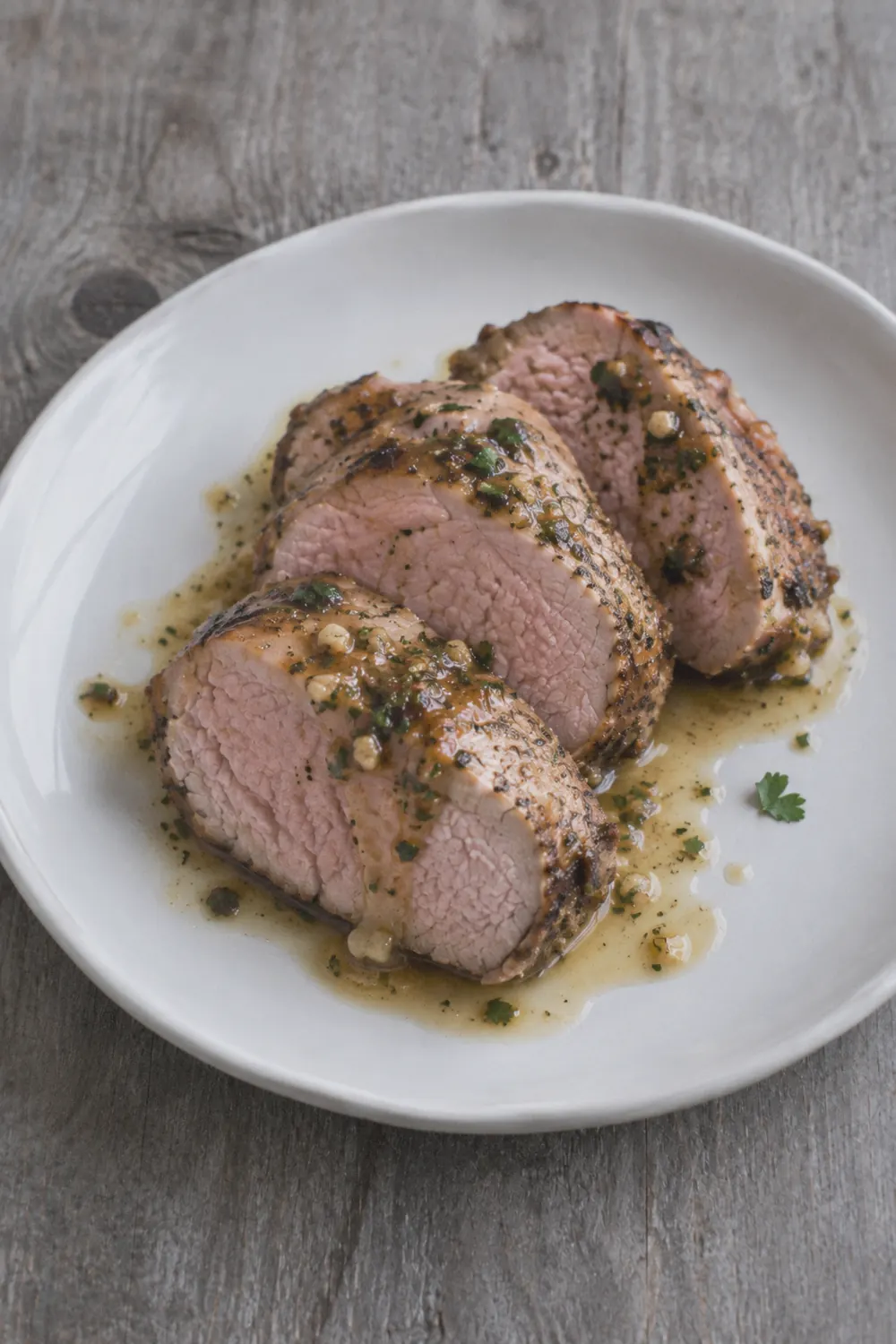 Sliced pork tenderloin fanned out on a plate with thin herb pan sauce drizzled over the rounds, showing the juicy pink center of each slice and drops of sauce on the rim