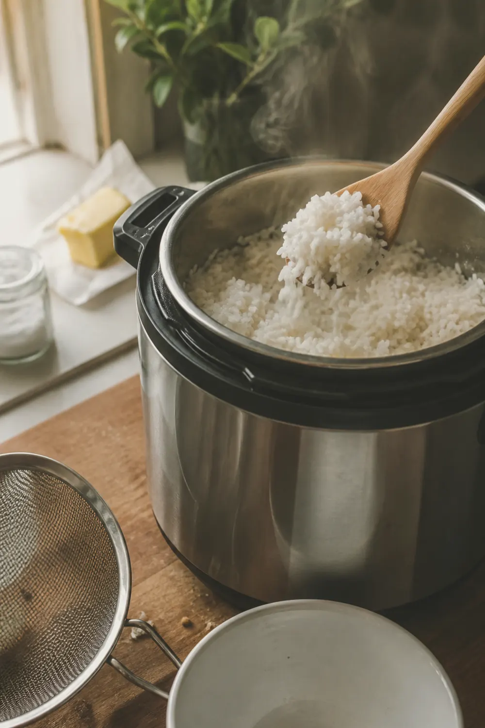 Fluffy cooked white rice in the Instant Pot after natural release, being fluffed with a fork showing separate tender grains