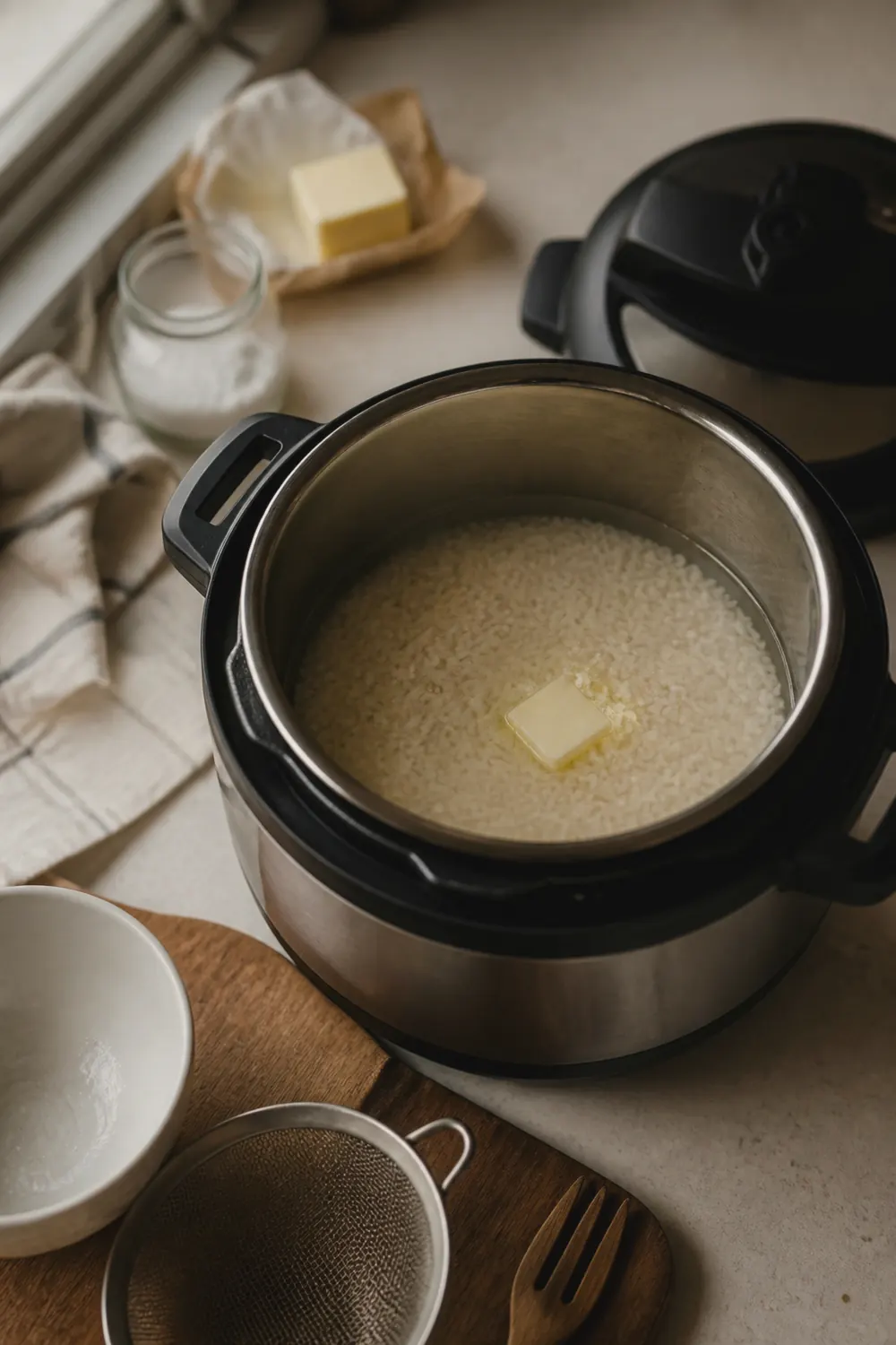 Instant Pot with rice and water inside ready to cook, lid about to be sealed with steam valve visible