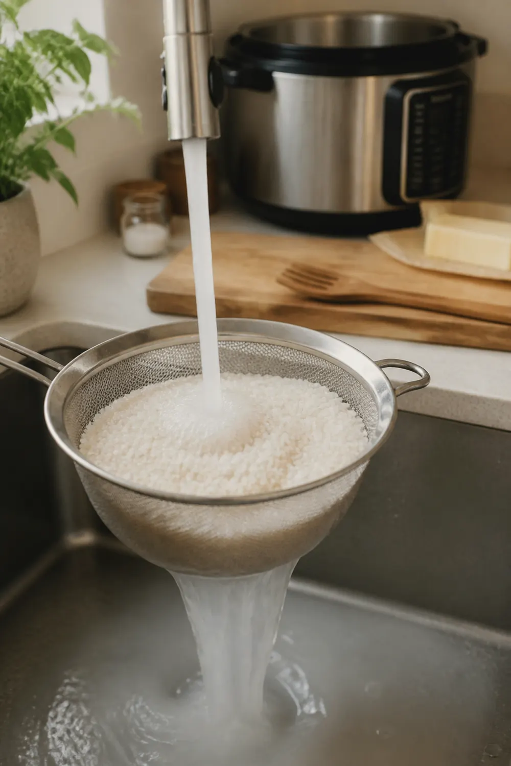 White rice being rinsed in a fine-mesh strainer under running water, cloudy starch water draining away