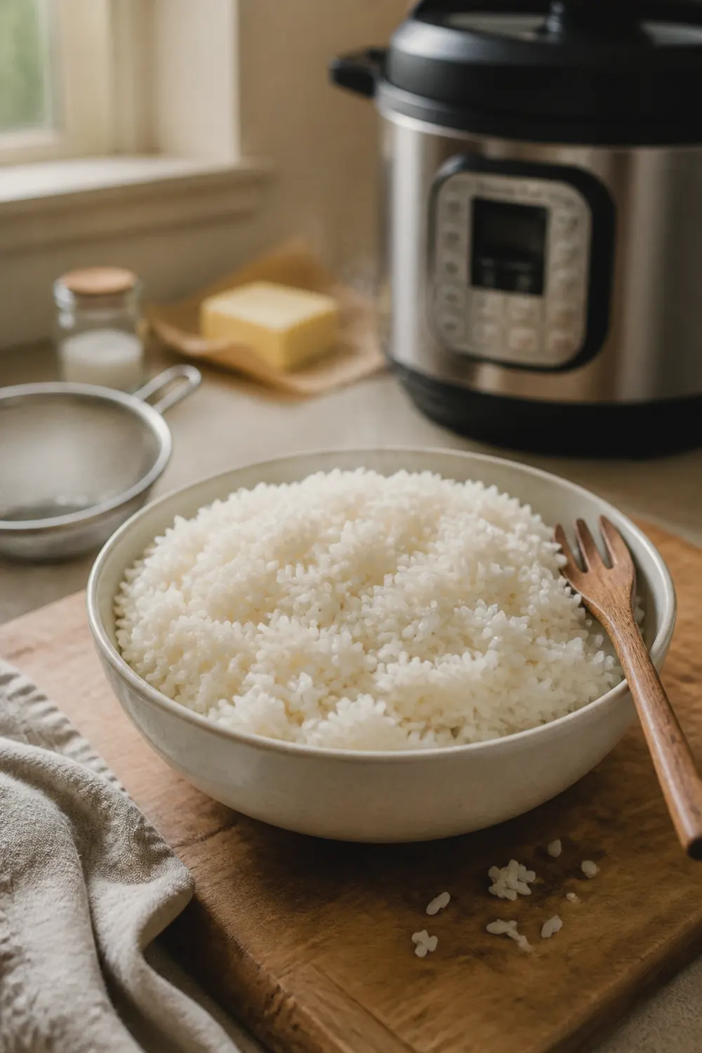 A bowl of fluffy white instant pot rice with a fork resting beside it, a few grains scattered on a wooden table, steam rising from the surface.