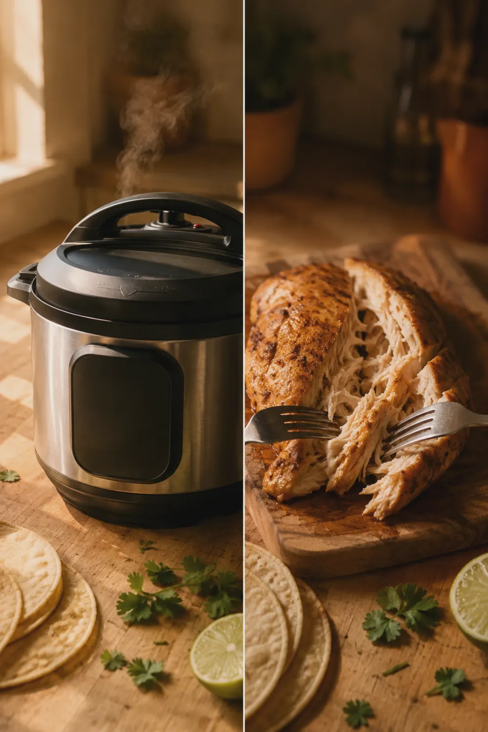 Chicken breasts under pressure in the Instant Pot, and shredding the cooked chicken with two forks