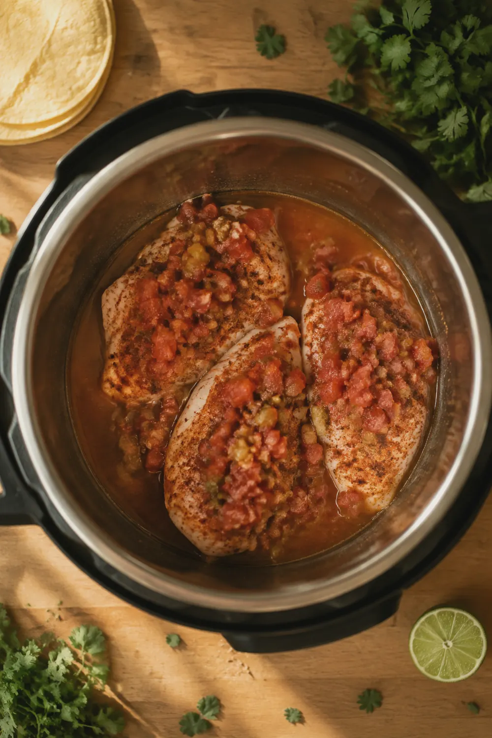 Seasoned chicken breasts arranged in the Instant Pot with diced tomatoes and green chiles spooned over the top