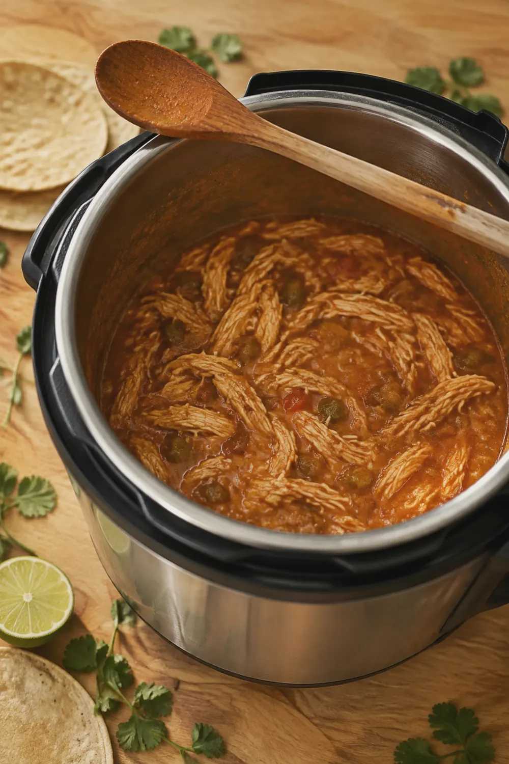 Juicy shredded chicken tossed in the spiced cooking liquid inside the Instant Pot