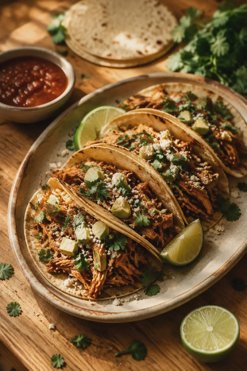 A platter of shredded chicken tacos in soft corn tortillas topped with diced avocado, crumbled cotija cheese, fresh cilantro, and a squeeze of lime, set on a rustic wooden cutting board with a small bowl of salsa and scattered lime wedges nearby.
