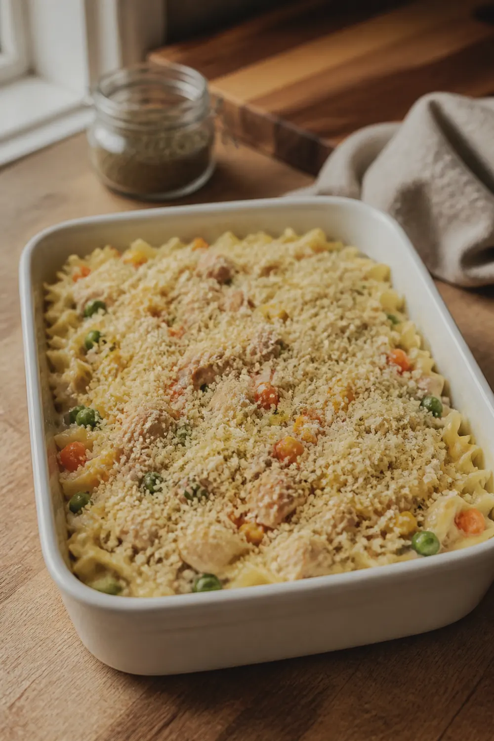 The assembled casserole in a white baking dish before going into the oven, with panko breadcrumbs covering the surface